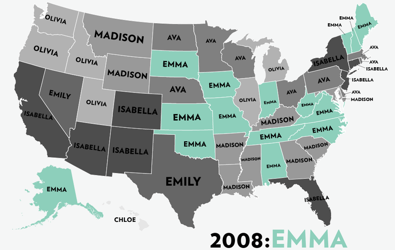 Illustration for article titled Map: Six Decades of the Most Popular Names for Girls, State-by-State